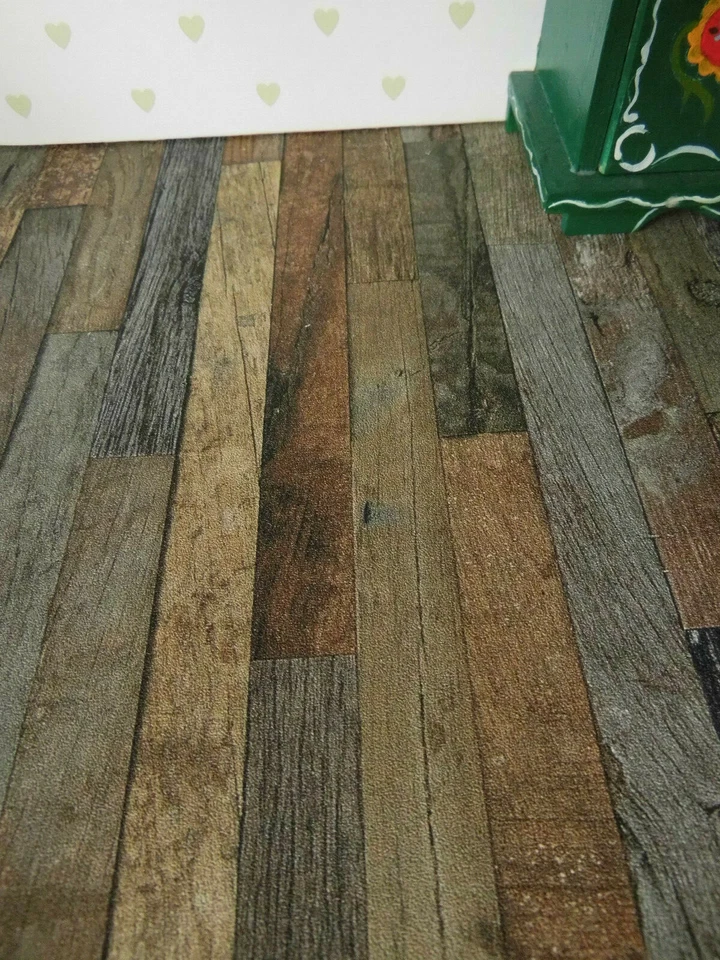 Braune Shabby-Chic-Vintage"-Holz-fußboden-TAPETE,Puppenstube,30cmx53