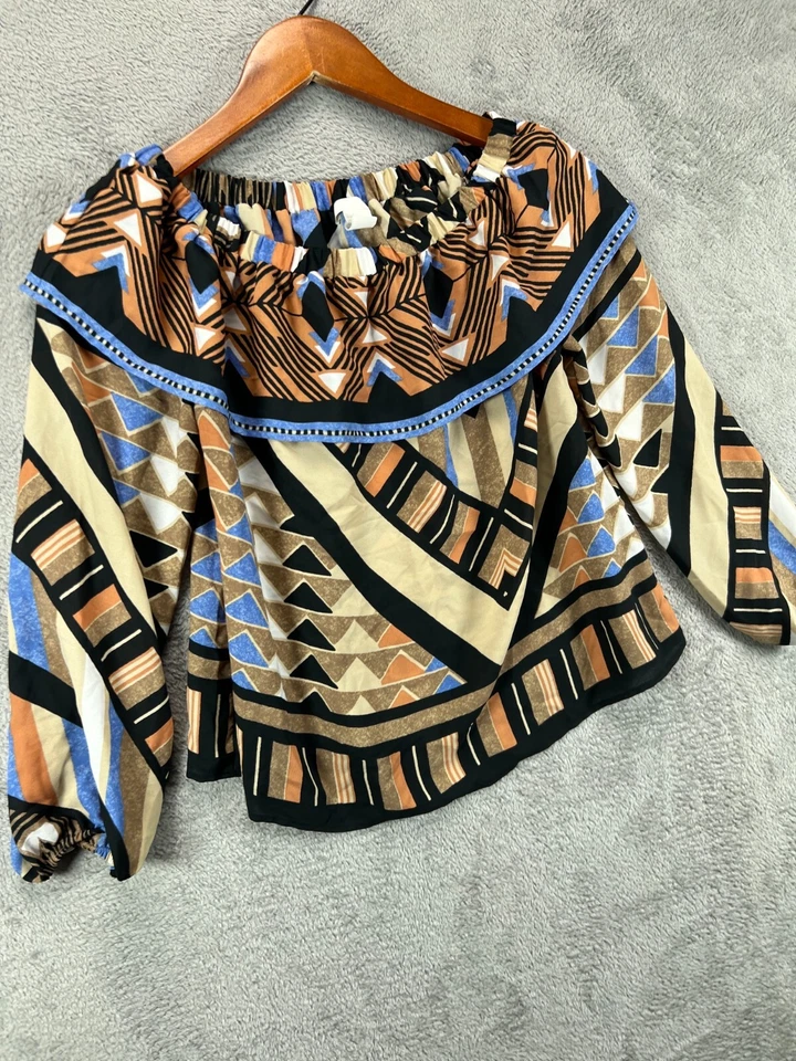 H&M Womens 6 Crop Tops Off Shoulder Brown Geometric Shirt Chiffon Long Sleeve - Image 2 of 4