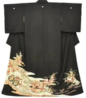 JAPANESE VINTAGE KIMONO SILK JACKET ROBE TOMESODE WEDDING ANTIQUE BLACK 3mt3826