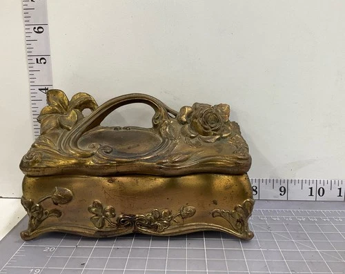 Art Nouveau Jewelry Casket Cast Metal Gold Tone Rose Shamrock Floral Box