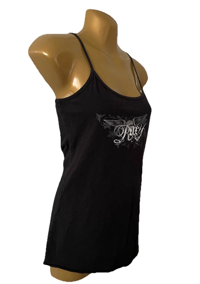 Vtg Y2K Roxy Paradise Surf Cami Tank Strappy L Black Skull Wing Graphic Grunge - Image 3 of 4
