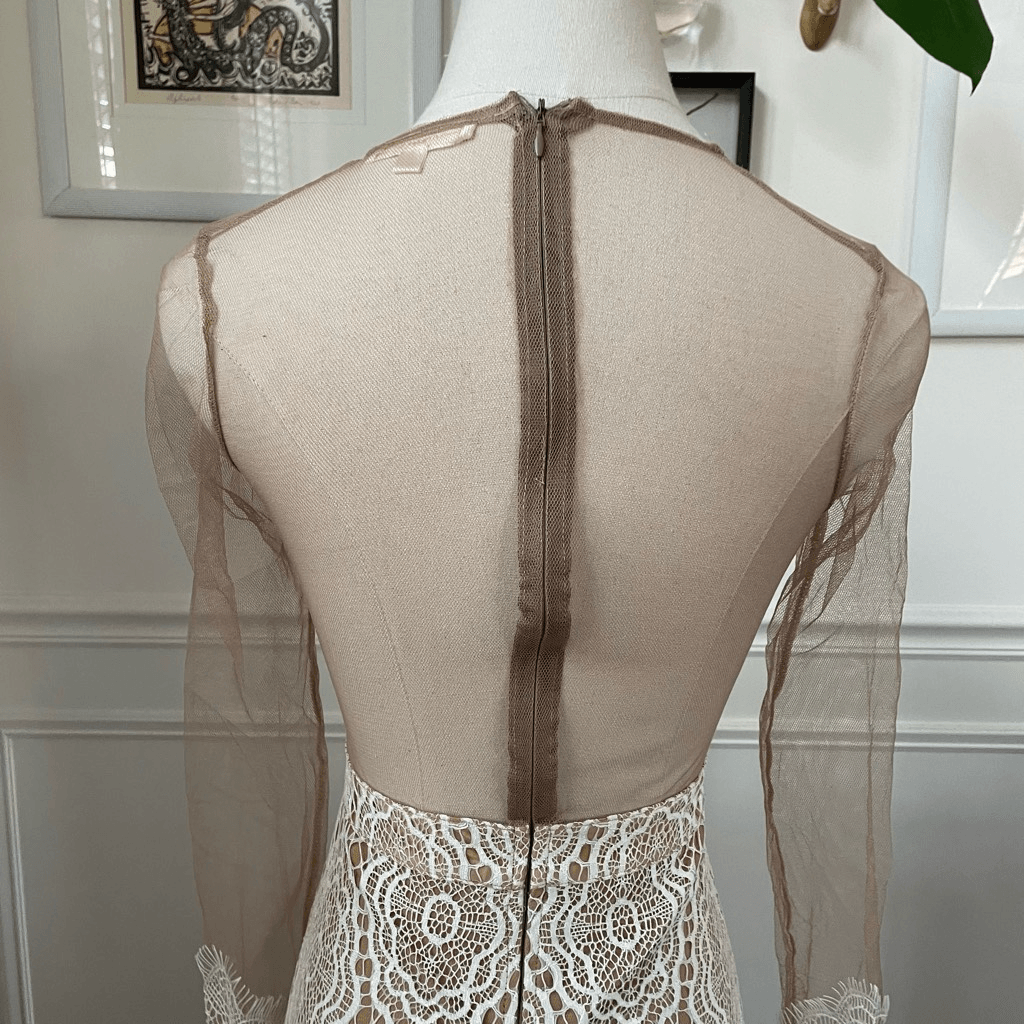 Luxxel Luxxel White Crochet Lace Nude Mesh Sheath Dress Long Sleeves XS | Sz: XS | Color: White tan Luxxel Luxxel White Crochet Lace Nude Mesh Sheath Dress Long Sleeves XS | Sz: XS | Color: White tan