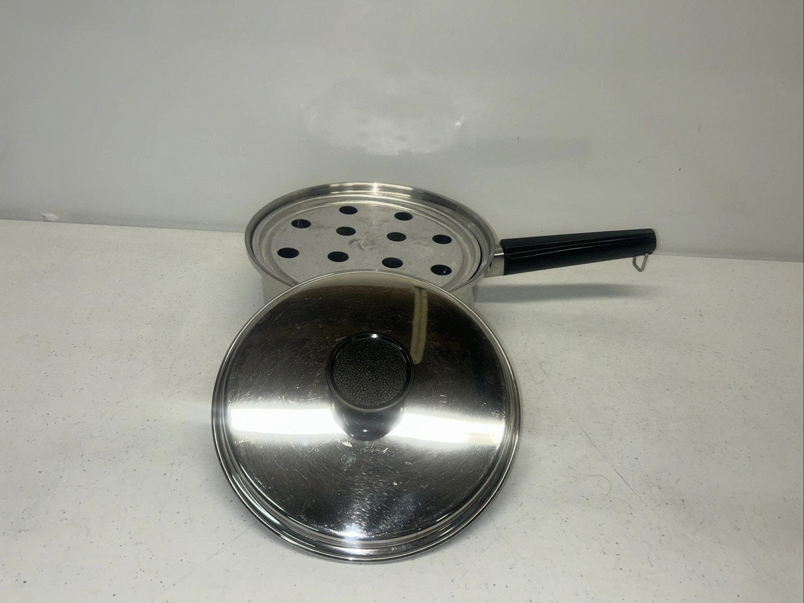 Vintage Prestige Stainless Steel Sauce Pan 8.75” with Egg Poacher and Lid