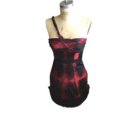 BCBGMAXAZRIA One Shoulder Abstract Print Mini Dress Red Black Bubble Hem
