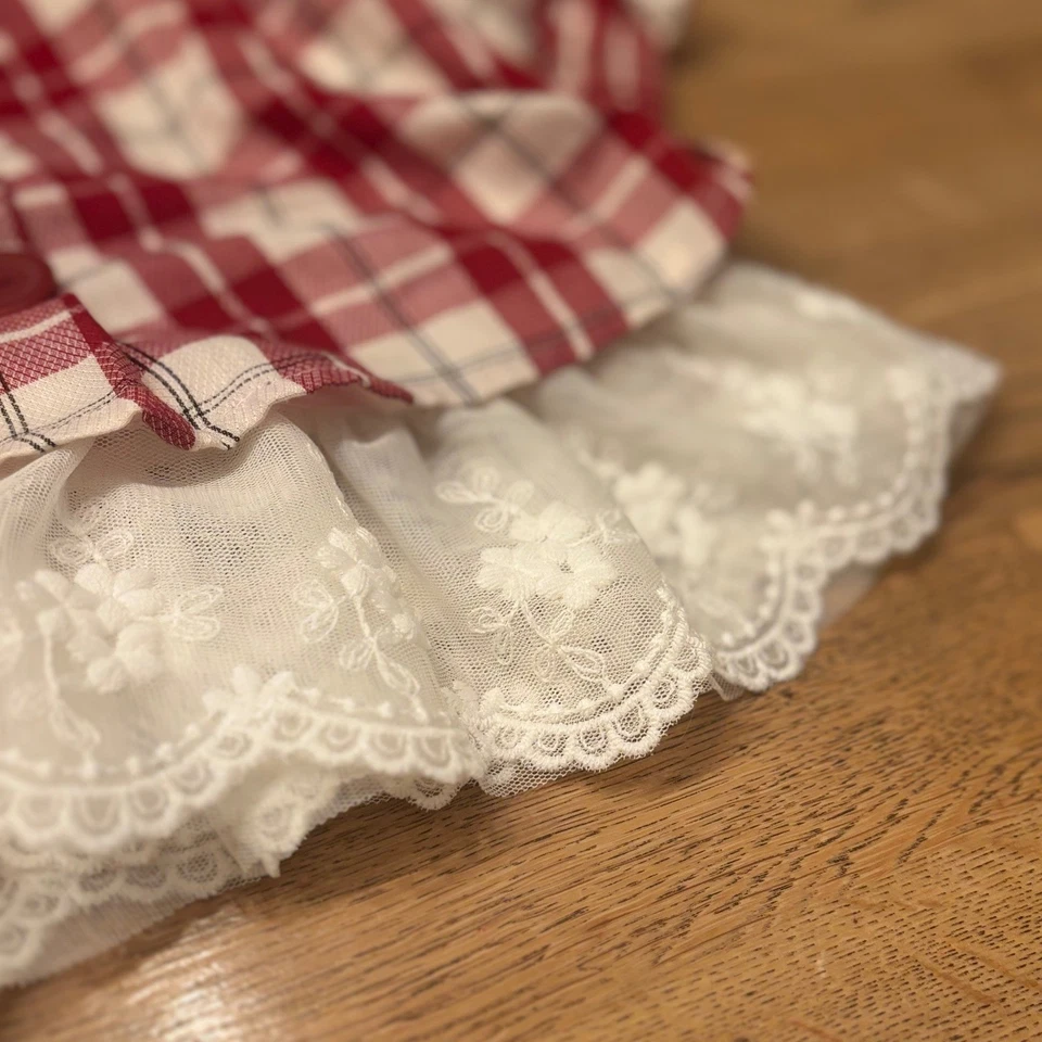 Camiseta Top Bebé Niña Borde de Encaje a Cuadros Roja Edición Rara 12M Camisa de Vacaciones Elegante Bebé Foto 2 de 4