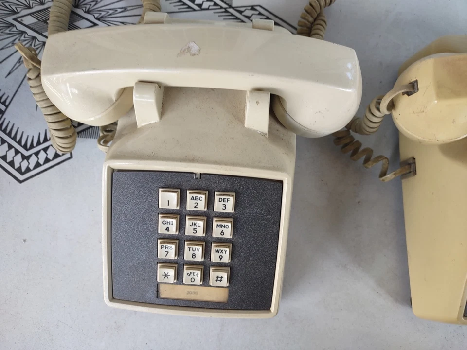 Pair Of Vintage Business Office Desk Phones Yellow & Cream For Parts Or Repair  - Image 2 of 4