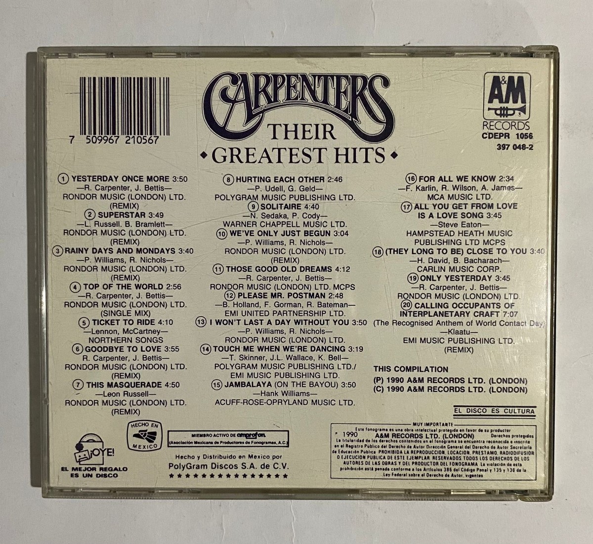 CARPENTERS - THEIR GREATEST HITS - 1990 MEXICAN CD ALBUM, POP 70'S