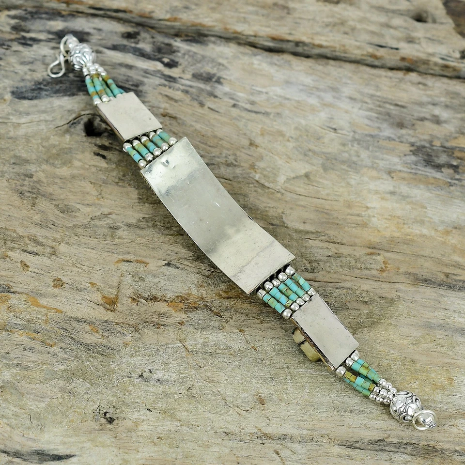 Antique Turquoise 925 Sterling Silver Tibetan Beads Bracelet, Nepali Jewelry - Image 4 of 4