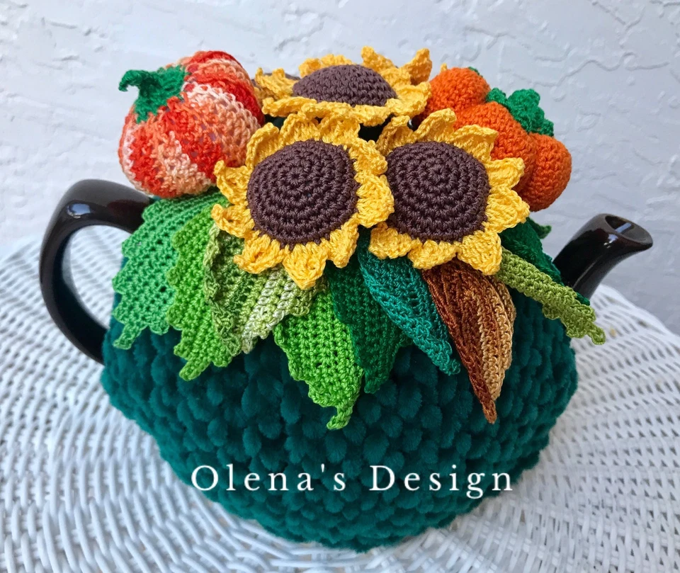 Hecho a mano Crochet té acogedor té verde cubierta girasol té acogedor calentador de té calabaza  Foto 2 de 3