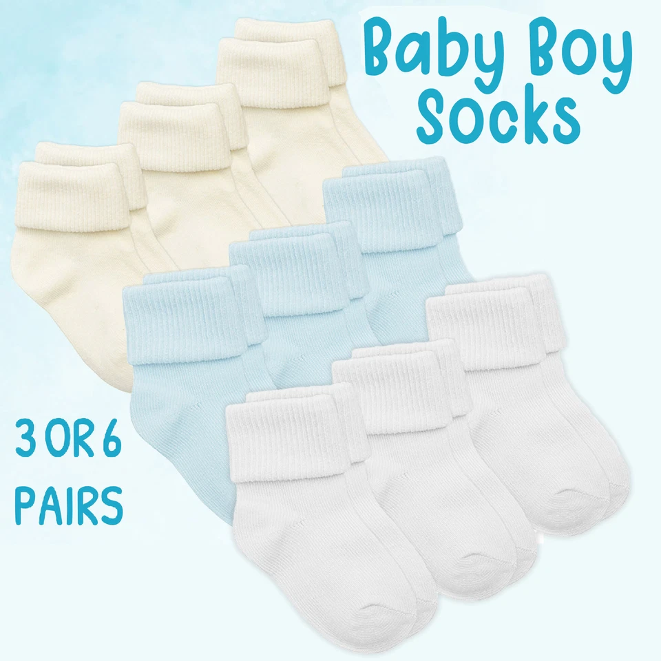 TICK TOCK ** Newborn Baby Boys Turn Over Top Socks 3 6 Pairs Plain Cotton Rich Blue Cream