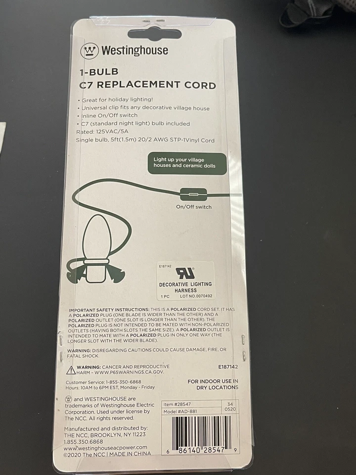 Westinghouse 28547 1-Bulb On/Off Switch White C7 Replacement Cord 5 foot- 1.5 M - Image 3 of 3