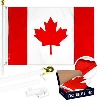 Combo: 5 Ft Flagpole White & Canada Flag 2.5x4 Ft Double Sided Emb 210D Poly