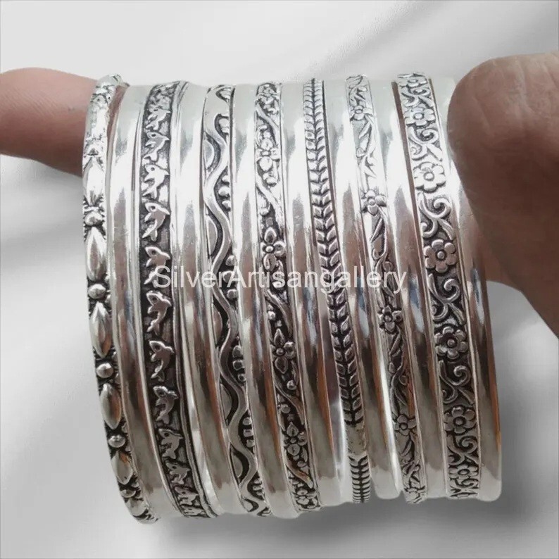 Set of 14 Silver Bangle Solid 925 Silver Stackable Handmade Women