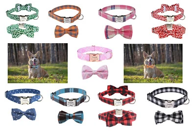 THAIN Personalised dog collar bow tie engraved custom ID Tag Name / Number plaid