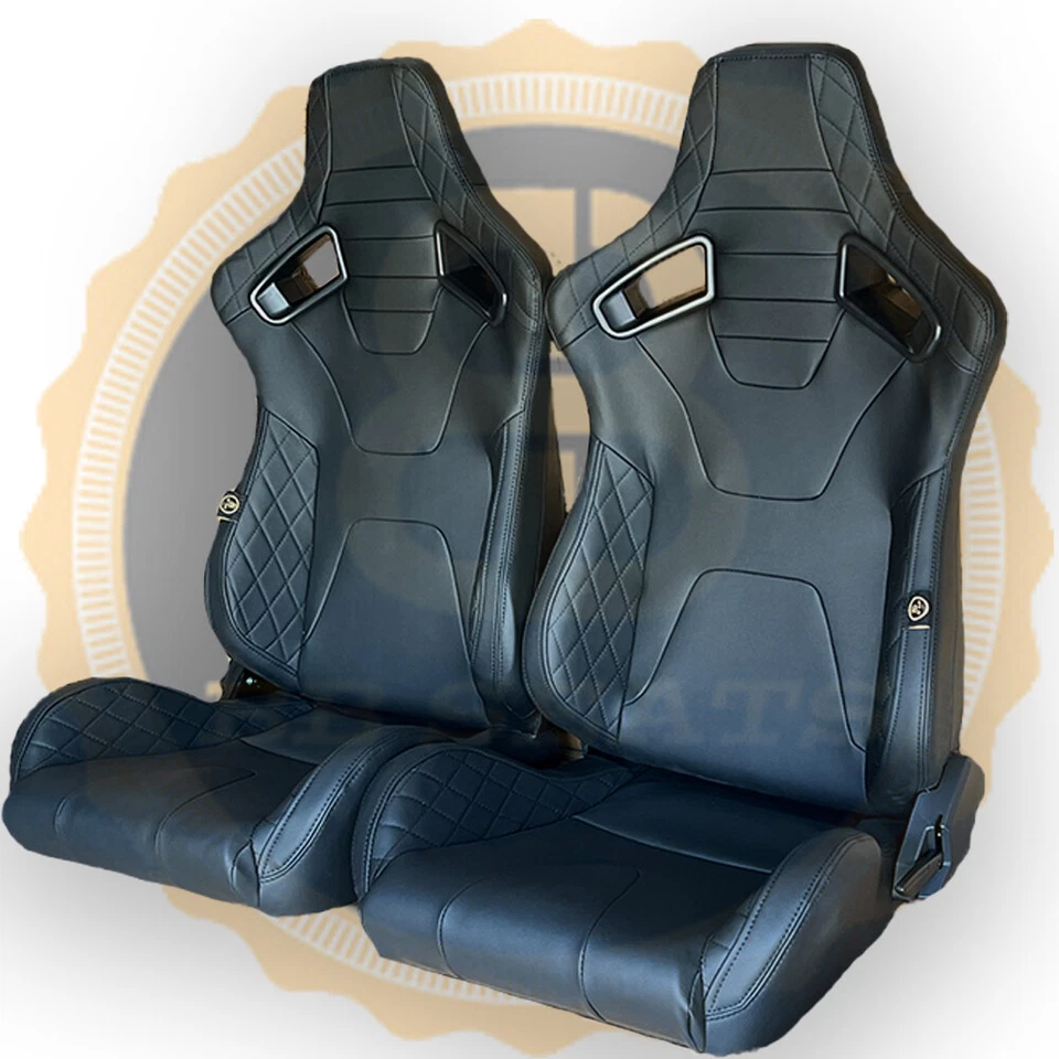 Pair BB6 RS Black Diamond Stitched Reclining Titling Bucket Sports Racing Seats