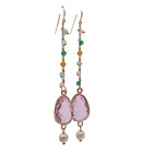 Gold Plated Hook Dangle Earrings Cultured White Pearl Colorful Crystal