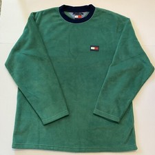 Vintage Tommy Hilfiger Fleece Pullover Sweater Green w/Navy Blue Trim Large