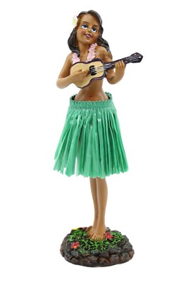 Hawaiian Hula Lady w Ukulele Dashboard Doll -7'' Car Doll, Hawaii Souvenir, Green