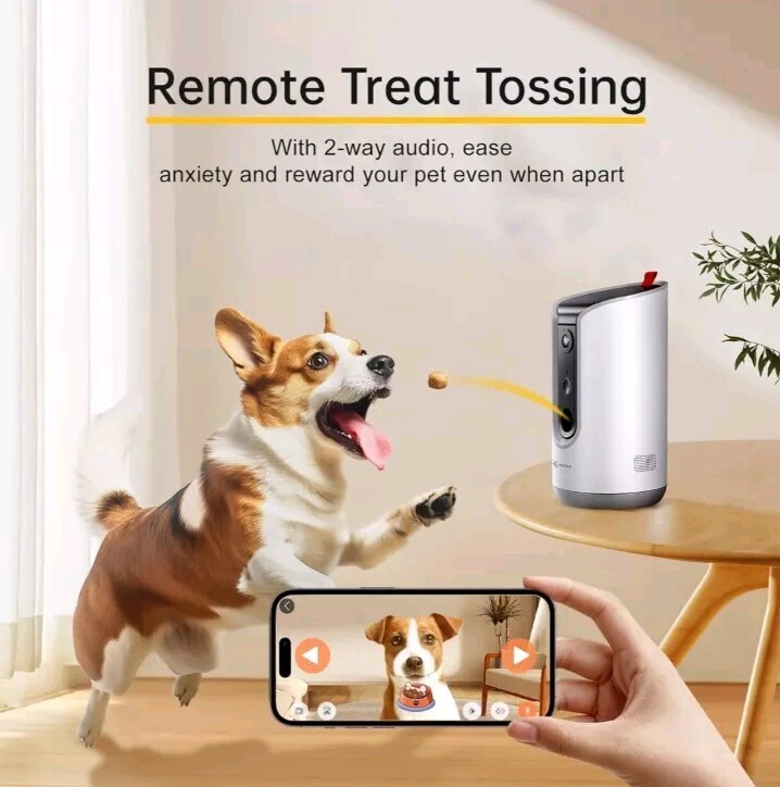 Pet Camera Dog Treat Dispenser 2K Video Two Way Audio 360 Automatic