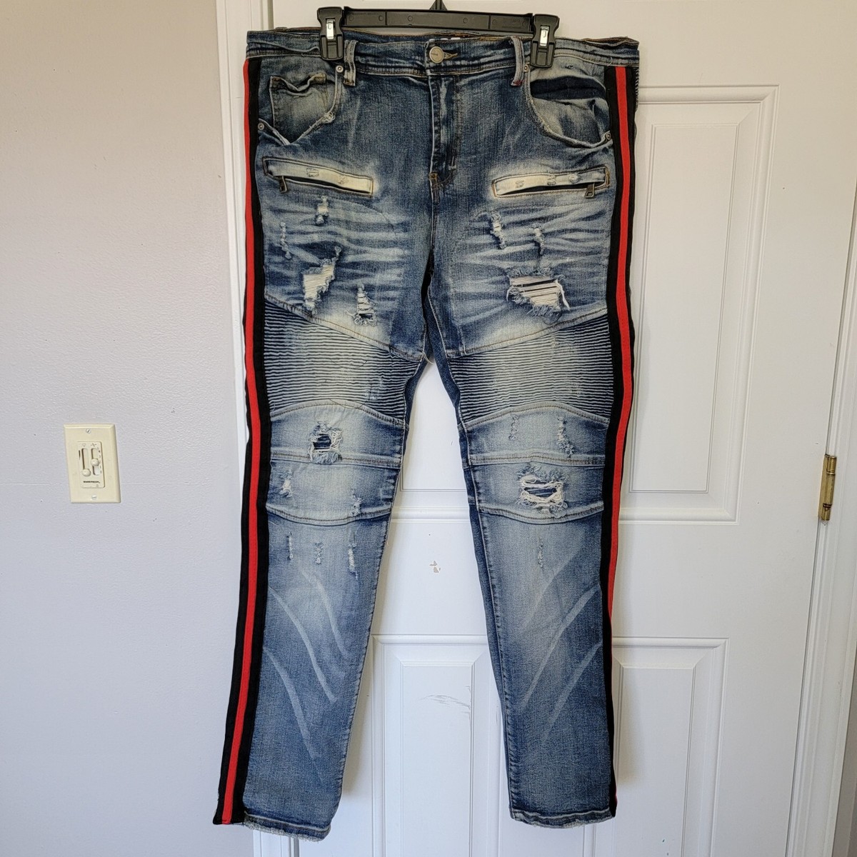 PREME Mens Distressed Red Black Side Stripe Moto Denim Jeans Streetwear 38  34