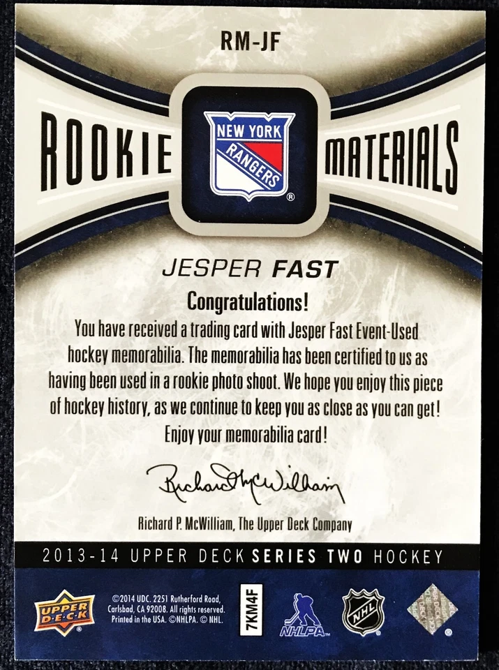 Jesper Fast Upper Deck Rookie Materials jersey card RM-JF, 2013 -14 NHL, Rangers - Image 2 of 2