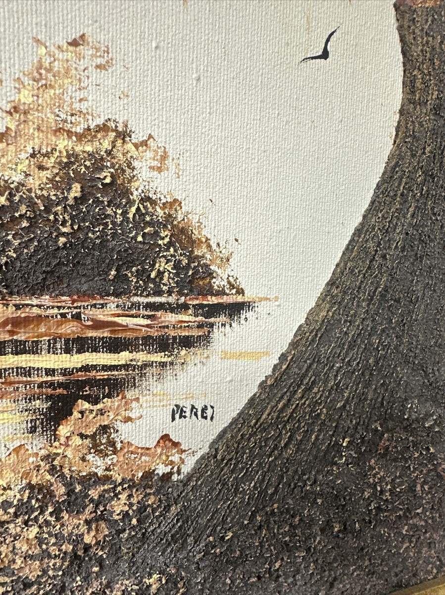 Vintage 3D Oil Painting Of Landscape Tree Water By Listed Artist