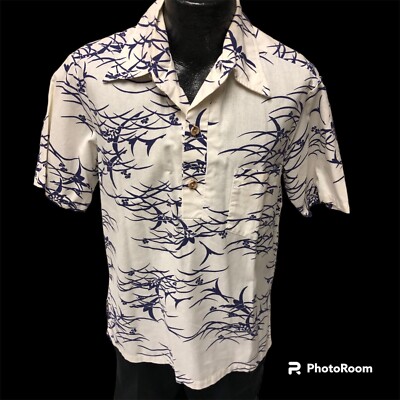 Vtg 70s Sidan Hawaii SMOCK White Royal Blue Tropical HAWAIIAN Surfer Beach Shirt