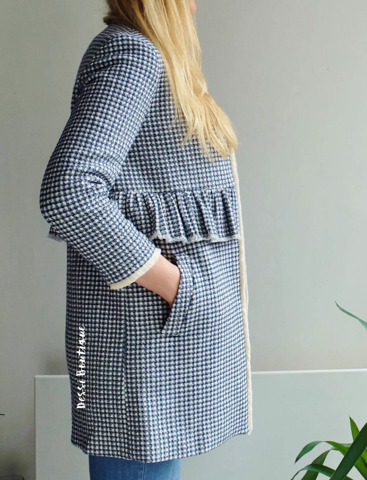 RARE ZARA BLUE HOUNDSTOOTH COAT JACKET BLAZER WITH FRILL SIZE EXTRA SMALL XS NEW image 4