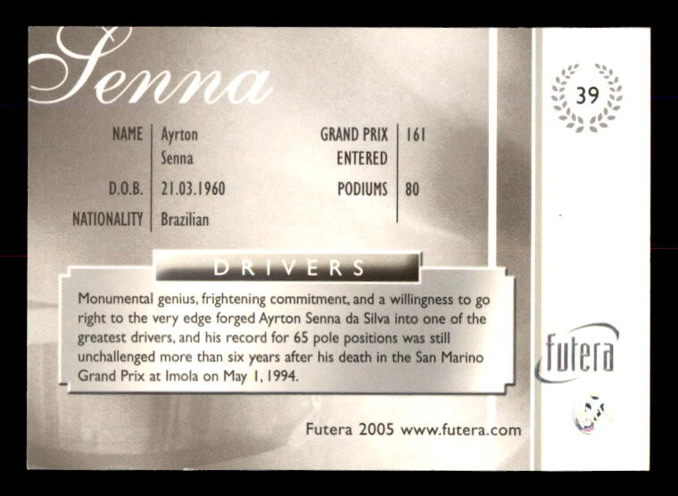2005 Futera Grand Prix F1 #39 Ayrton Senna Brazil Formula 1 Drivers Card - Image 2 of 2