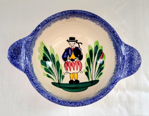 French Faience Earthenware Breton Peasant Handpainted La Bernerie Bowl w Handled