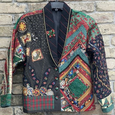 Rare Patchwork Quilt Jacket XL Color Blocking Contrast Handmade Unique Women