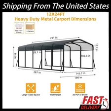 12 x 24FT Metal Carport W/Galvanized Steel Roof For Car Boats Tractors Truck US