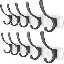 White and Black Coat Rack Wall Mounted - 5 Double Hooks - 2 Pack White + Black