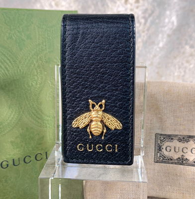 GUCCI Money Bill Clip Gold Bee Black Leather Made In Italy with