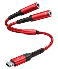 JSAUX USB C to Dual 3.5mm Female Headphone Splitter, Type C 10FT, Red