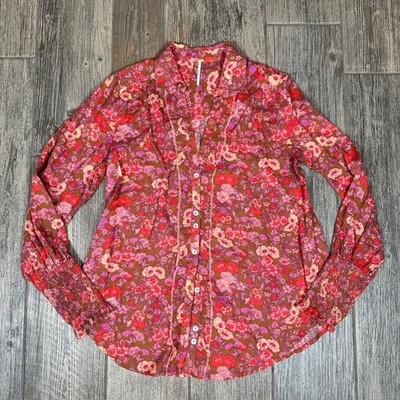 Free People Wild Gardenia Top XS Floral Print Long Sleeve Button Down Blouse