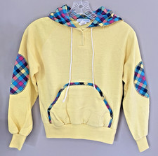Vintage 80s OshKosh Girls Hoodie Sweatshirt Yellow Patchwork Plaid Elbow 10-12 M