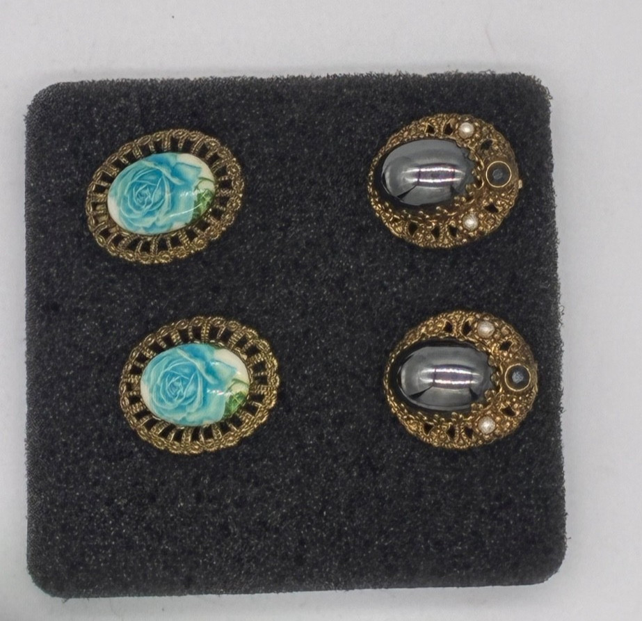 West Germany clip on earrings two pair- blue rose and hematite gold tone