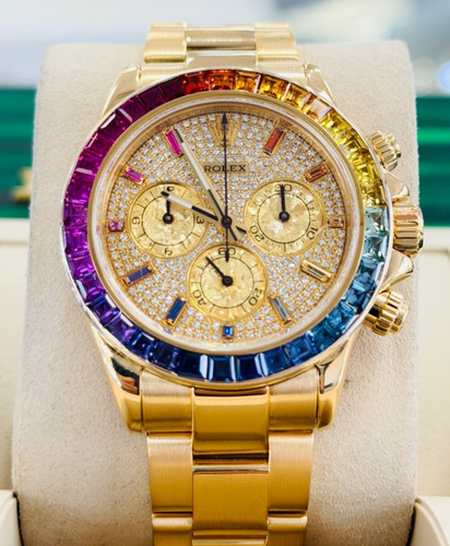 Rolex Daytona 116528 18k Yellow Gold Custom Rainbow Bezel & Pa...
