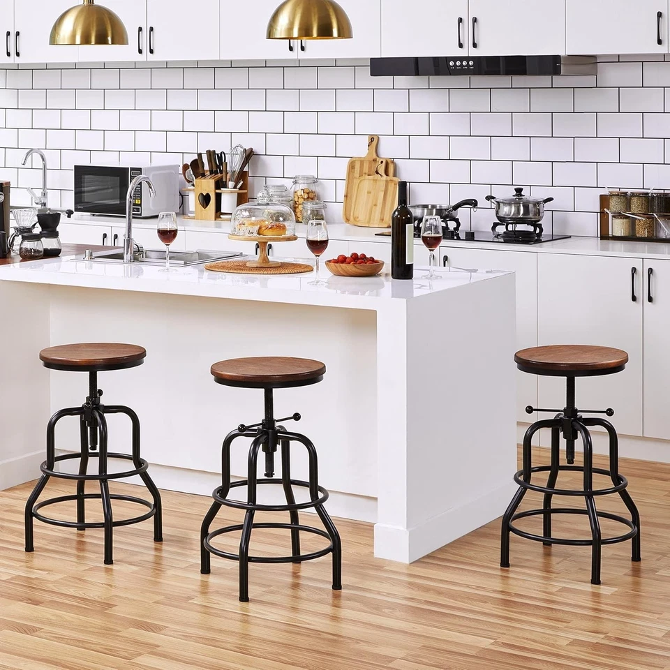 Vintage Adjustable Metal Bar Stools with Round Wooden Seat - Rustic Charm - Image 4 of 4