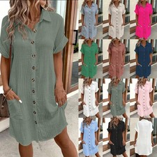 UK Women's Ladies Loose Short Sleeve Shirt Dress Button Casual Dresses Plus Size