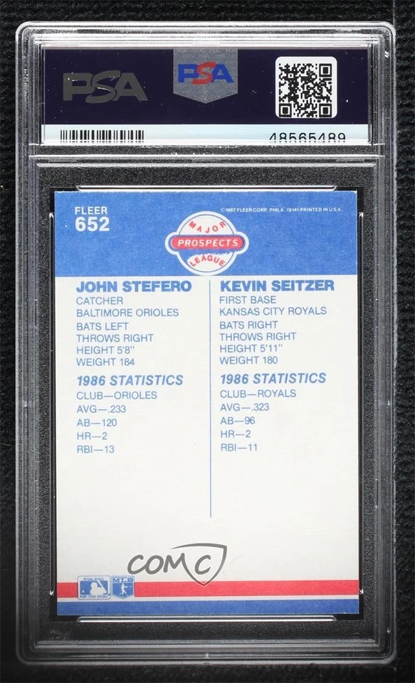 1987 Fleer Factory Set Glossy John Stefero Kevin Seitzer #652 PSA 8 Rookie RC - Image 2 of 2