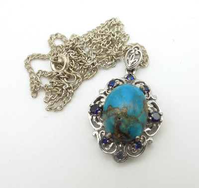 Karis STS Stainless Steal Blue Stone Pendant Necklace Regal Ornate