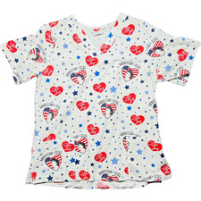 I Love Lucy Uniforms Scrub Top Women's L White Red Blue Stars Patriotic Print