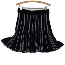 Vintage Y2K black knit skirt M LUX pull on wool acrylic white stripe short mini