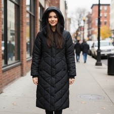    NWT Steve Madden Women  s Long Maxi Puffer Coat Black Quilted Fleece Lined XS