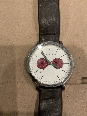 Ted Baker Mens Watch 40mm 7.75'' Leather Band White Face Red Dials Needs New Batt