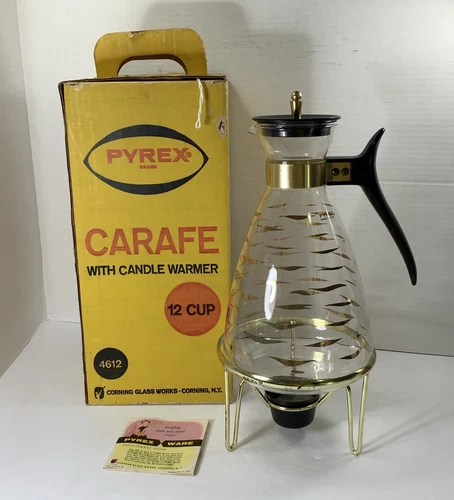 Vintage Pyrex 12 Cup Glass Carafe Candle Warmer No. 4612-1 Box Gold Diamond IOB