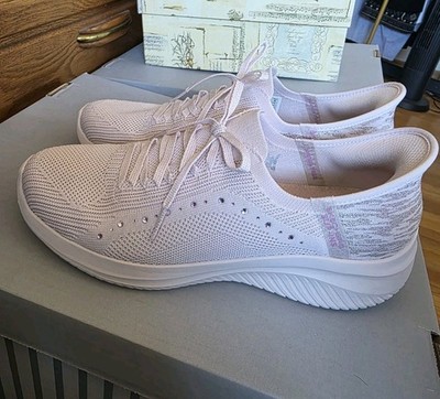 Skechers Womens Ultra Flex 3.0 Summer Stripe Pink Glitter Sneakers Shoes Sz 10
