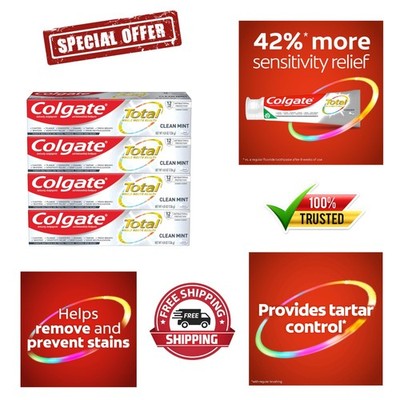 Colgate Total Mint Toothpaste - Whitening, Cavity Protection, 4 Pack of 4.8 oz